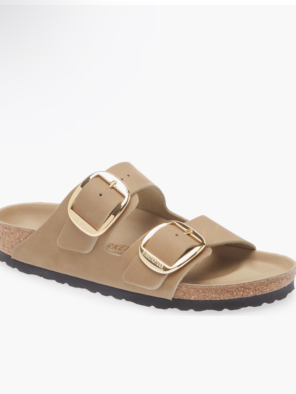 Double Buckle Taupe Slide Sandal with Gold Hardware